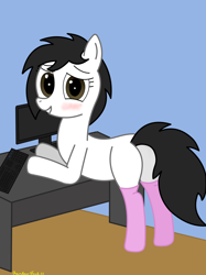 Size: 3016x4032 | Tagged: safe, artist:rainbowšpekgs, imported from derpibooru, oc, oc only, oc:mod pone the mod, earth pony, pony, adorasexy, blushing, butt, clothes, commission, computer, cute, desk, embarrassed, keyboard, plot, rear view, sexy, socks, solo