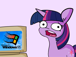 Size: 1984x1500 | Tagged: safe, artist:tjpones, artist:tjpones edits, edit, imported from derpibooru, twilight sparkle, pony, unicorn, computer, faic, female, mare, meme, microsoft windows, open mouth, simple background, solo, twilight's computer, unicorn twilight, windows, windows 95