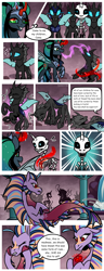 Size: 1500x3900 | Tagged: safe, artist:nancy-05, imported from derpibooru, oc, oc:empress sacer malum, oc:melicus ostium, alicorn, changeling, changeling queen, hybrid, pony, siren, skeleton pony, undead, unicorn, comic:fusing the fusions, comic:time of the fusions, absorption, alicorn oc, armor, bone, comic, commissioner:bigonionbean, confused, corpse, curved horn, dead, deflation, draining, female, fusion, fusion:adagio dazzle, fusion:aria blaze, fusion:empress sacer malum, fusion:king sombra, fusion:melicus ostium, fusion:nightmare moon, fusion:queen chrysalis, fusion:sonata dusk, horn, jewelry, magic, not an alicorn, parent:king sombra, parent:nightmare moon, parent:princess luna, parent:queen chrysalis, possessed, possession, queen umbra, regalia, rule 63, skeleton, squishy cheeks, swirly eyes, talking to herself, tartarus, water fountain, wings, writer:bigonionbean