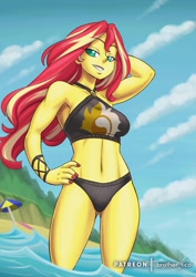 Size: 724x1024 | Tagged: safe, alternate version, artist:brother-tico, edit, editor:thomasfan45, imported from derpibooru, sunset shimmer, human, equestria girls, equestria girls series, forgotten friendship, arm behind head, beach, beach shorts swimsuit, beautiful, bedroom eyes, belly button, bikini, breasts, busty sunset shimmer, clothes, cute, cutie mark, cutie mark on clothes, female, hand on hip, legs, lidded eyes, looking at you, midriff, nail polish, ocean, pose, sand, sexy, shimmerbetes, smiling, solo, sunset shimmer's beach shorts swimsuit, swimsuit, umbrella