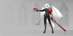 Size: 8000x4000 | Tagged: artist needed, safe, imported from derpibooru, oc, oc only, oc:albi light wing, anthro, bat pony, pony, abstract background, albino, aquila, armor, bat pony oc, bat wings, blood, bolter, chainsword, clothes, crossover, female, gun, imperium, inquisition, inquisitor, looking at you, mare, melee weapon, nightpony, pink eyes, ponified, ponyhammer, servo skull, simple background, skull, solo, sword, uniform, warhammer (game), warhammer 40k, weapon, white fur, wings