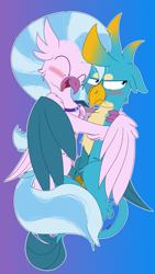 Size: 2160x3840 | Tagged: safe, artist:sintakhra, imported from derpibooru, gallus, silverstream, classical hippogriff, griffon, hippogriff, tumblr:studentsix, blushing, female, gallstream, gallus is not amused, hug, male, shipping, silverstream hugs gallus, straight, unamused, winghug