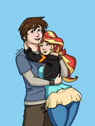 Size: 1544x2056 | Tagged: safe, artist:ameliacostanza, imported from derpibooru, sunset shimmer, human, blue background, crossover, hug, humanized, peter parker, simple background