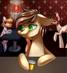 Size: 1914x2085 | Tagged: safe, artist:helemaranth, imported from derpibooru, oc, oc only, oc:rusty star, earth pony, pony, alcohol, bar, beer, bust, colored hooves, cup, earth pony oc, hoof hold, indoors, lonely, raised hoof, sitting