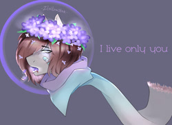 Size: 1280x931 | Tagged: safe, artist:zloitoaster, imported from derpibooru, oc, oc only, earth pony, pony, bubble helmet, bubble on head, bust, clothes, earth pony oc, eye clipping through hair, floral head wreath, flower, grammar error, hanahaki disease, open mouth, scarf, solo, talking