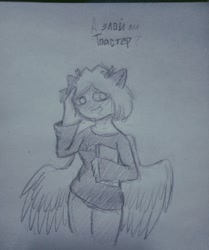 Size: 1280x1534 | Tagged: safe, artist:li1beasty, imported from derpibooru, oc, oc only, anthro, pegasus, book, clothes, female, grayscale, monochrome, pegasus oc, smiling, traditional art, wings