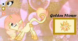 Size: 2097x1109 | Tagged: safe, artist:princessmoonsing, imported from derpibooru, oc, oc only, oc:golden flower, classical unicorn, pony, unicorn, cloven hooves, female, horn, leonine tail, reference, reference sheet, solo, unicorn oc, unshorn fetlocks