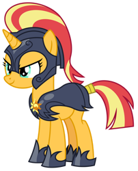 Size: 1024x1268 | Tagged: safe, artist:emeraldblast63, imported from derpibooru, sunset shimmer, pony, unicorn, armor, clothes, evil smirk, royal guard, shoes, show accurate, simple background, tail wrap, transparent background