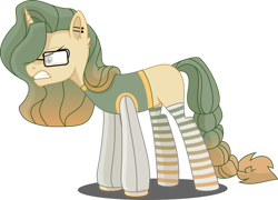 Size: 1024x737 | Tagged: safe, artist:babyroxasman, imported from derpibooru, oc, oc only, oc:light wright, pony, unicorn, angry, braided tail, clothes, ear piercing, glasses, male, piercing, simple background, solo, stallion, stockings, thigh highs, transparent background, vector