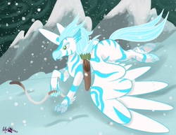 Size: 2048x1583 | Tagged: safe, artist:inkynotebook, imported from derpibooru, oc, oc only, pony, zebra, arrow, bow (weapon), mountain, outdoors, quill, raised hoof, running, signature, snow, snowfall, solo, zebra hippogriff, zebra oc