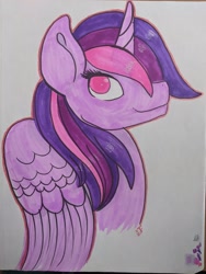 Size: 1536x2048 | Tagged: safe, artist:inkynotebook, imported from derpibooru, oc, oc only, oc:radiant star, alicorn, pony, alicorn oc, bust, horn, smiling, solo, traditional art, wings