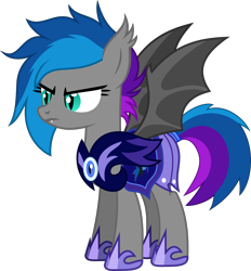 Size: 2000x2157 | Tagged: safe, artist:bnau, imported from derpibooru, oc, oc only, oc:lyssa, bat pony, pony, armor, cute, cute little fangs, ear fluff, fangs, female, frown, guardsmare, hoof shoes, mare, night guard, night guard armor, royal guard, show accurate, simple background, solo, standing, transparent background, vector