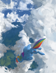 Size: 2000x2618 | Tagged: safe, artist:redruin01, imported from derpibooru, rainbow dash, pegasus, pony, cloud, female, flying, lineless, mare, painting, scenery, sky, solo