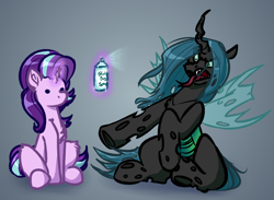 Size: 4500x3300 | Tagged: safe, artist:witchtaunter, imported from derpibooru, queen chrysalis, starlight glimmer, changeling, changeling queen, pony, unicorn, bug spray, bugs doing bug things, female, forked tongue, gradient background, sitting, spray can, starlight vs chrysalis