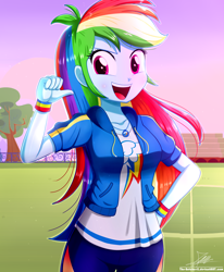 Size: 1784x2163 | Tagged: safe, artist:the-butch-x, imported from derpibooru, rainbow dash, equestria girls, equestria girls series, bleachers, blue skin, breasts, busty rainbow dash, clothes, confident, cute, cutie mark, cutie mark on clothes, dashabetes, female, fence, geode of super speed, high res, hoodie, jacket, jewelry, leggings, looking at you, magical geodes, multicolored hair, necklace, open mouth, open smile, outdoors, pants, pink eyes, rainbow hair, rework, signature, smiling, smiling at you, soccer field, solo, tomboy, tree, wristband