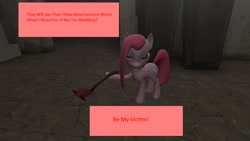 Size: 1920x1080 | Tagged: safe, artist:nightmenahalo117, imported from derpibooru, pinkie pie, earth pony, pony, 3d, axe, candyman, nightmena, pinkamena diane pie, weapon