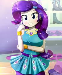 Size: 1784x2163 | Tagged: safe, artist:the-butch-x, imported from derpibooru, rarity, equestria girls, equestria girls series, beautiful, blue eyes, bracelet, breasts, busty rarity, clothes, cute, cutie mark, cutie mark on clothes, dress, fashionista, female, geode of shielding, hairpin, jewelry, looking at you, magical geodes, necklace, purple hair, raribetes, rarity peplum dress, rework, shoes, sleeveless, sleeveless dress, solo