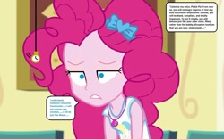 Size: 1047x655 | Tagged: safe, edit, edited screencap, editor:thomasfan45, imported from derpibooru, screencap, pinkie pie, human, best trends forever, equestria girls, equestria girls series, 1000 hours in ms paint, bare shoulders, best trends forever: pinkie pie, blank expression, bow, brainwashing, canterlot high, clothes, cute, cutie mark on clothes, description is relevant, female, geode of sugar bombs, guidance counselor, hair bow, hypnosis, hypnotized, implied maud pie, lidded eyes, magical geodes, office, offscreen character, pendulum swing, personality change, pocket watch, relaxed, solo, speech bubble, story included, tanktop, tired