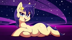 Size: 1280x720 | Tagged: safe, artist:shydale, seven seas, star dancer, earth pony, pony, belly, belly button, blushing, cute, female, looking at you, mare, open mouth, prone, sky, solo, space pony, stars