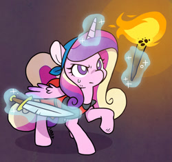 Size: 600x565 | Tagged: safe, artist:cuteosphere, princess cadance, alicorn, pony, clothes, crossover, crypt of the necrodancer, female, hat, levitation, magic, mare, purple background, simple background, solo, sweat, sword, telekinesis, torch, weapon