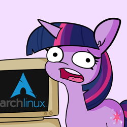 Size: 1500x1500 | Tagged: safe, artist:tjpones, artist:tjpones edits, edit, imported from derpibooru, twilight sparkle, pony, unicorn, arch linux, computer, exploitable meme, faic, female, horn, linux, mare, meme, twilight's computer, unicorn twilight