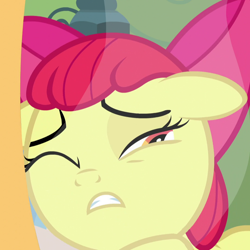 Size: 1080x1080 | Tagged: safe, imported from derpibooru, screencap, apple bloom, earth pony, pony, bloom and gloom, cropped, female, filly, floppy ears, one eye closed, solo, worried