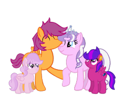 Size: 2732x2048 | Tagged: safe, artist:turnaboutart, imported from derpibooru, diamond tiara, scootaloo, oc, oc:pearl showers, oc:steadfast sapphire, earth pony, pegasus, pony, cheek kiss, colt, eyes closed, father and child, father and daughter, father and son, female, filly, half r63 shipping, husband and wife, kiss on the cheek, kissing, like father like daughter, like father like son, like mother like daughter, like mother like son, like parent like child, male, mare, mother and child, mother and daughter, mother and son, offspring, one eye closed, parent:diamond tiara, parent:scootaloo, parents:skatiara, rule 63, scooteroll, scootertiara, scootiara, shipping, simple background, stallion, straight, transparent background