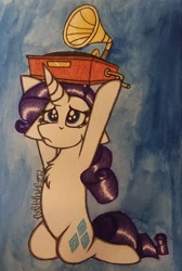 Size: 1529x2275 | Tagged: safe, artist:raritylover152, imported from derpibooru, rarity, pony, unicorn, dragon dropped, chest fluff, crying, female, floppy ears, gramophone, kneeling, mare, puppy dog eyes, solo, teary eyes, traditional art, watercolor painting