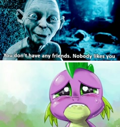 Size: 1199x1264 | Tagged: safe, artist:kp-shadowsquirrel, edit, imported from derpibooru, spike, abuse, background pony strikes again, crying, go to sleep garble, gollum, i can't believe it's not useraccount, lip bite, lord of the rings, op is a duck, sad, shitposting, spikeabuse, spikeposting, teary eyes