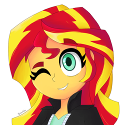 Size: 1000x1000 | Tagged: safe, artist:biocrine, imported from derpibooru, sunset shimmer, equestria girls, bust, female, one eye closed, simple background, smiling, solo, white background, wink