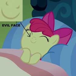 Size: 901x901 | Tagged: safe, edit, edited screencap, imported from derpibooru, screencap, apple bloom, earth pony, pony, bloom and gloom, adorabloom, bed, cropped, cute, eyes closed, female, filly, mimir, sleeping, smiling, solo