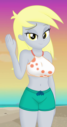 Size: 1160x2190 | Tagged: safe, edit, edited screencap, editor:ah96, imported from derpibooru, screencap, derpy hooves, aww... baby turtles, equestria girls, equestria girls series, belly button, breast edit, breasts, busty derpy hooves, clothes, clothes edit, cropped, derpy's swimsuit, female, lidded eyes, looking at you, shading, smiling, solo, swimsuit, swimsuit edit, waving