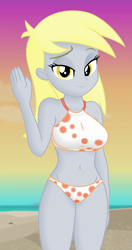 Size: 1160x2190 | Tagged: safe, edit, edited screencap, editor:ah96, imported from derpibooru, screencap, derpy hooves, aww... baby turtles, equestria girls, equestria girls series, beach, beach babe, beach shorts swimsuit, belly button, bikini, breast edit, breasts, busty derpy hooves, clothes, cropped, derpy's beach shorts swimsuit, derpy's swimsuit, female, lidded eyes, looking at you, shading, smiling, solo, swimsuit, swimsuit edit, waving