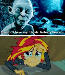 Size: 735x841 | Tagged: safe, edit, edited screencap, imported from derpibooru, screencap, sunset shimmer, equestria girls, equestria girls (movie), abuse, crying, go to sleep adagio dazzle, gollum, lord of the rings, op is a duck, op is trying to start shit, op is trying too hard, sad, shimmerbuse, sunsad shimmer