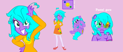 Size: 2744x1166 | Tagged: safe, artist:chiarinuk, imported from derpibooru, oc, oc only, oc:pastel gore, pony, equestria girls, human oc, reference sheet, smiling, solo