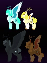 Size: 1280x1732 | Tagged: safe, artist:lepiswerid, imported from derpibooru, oc, oc:black (among us), oc:brown (among us), oc:cyan (among us), oc:yellow (among us), pegasus, pony, among us, black, black background, braid, brown, colored hooves, colored wings, cyan, deformed wing, deformity, fanart, hair covering face, ponytail, simple background, wings, yellow