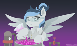 Size: 1494x897 | Tagged: safe, artist:andaluce, imported from derpibooru, oc, oc only, oc:haze northfleet, pegasus, pony, chemistry, clothes, gradient background, lab coat, safety goggles, science, solo