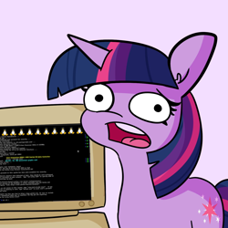 Size: 1500x1500 | Tagged: safe, artist:tjpones, artist:tjpones edits, edit, imported from derpibooru, twilight sparkle, pony, unicorn, computer, exploitable meme, faic, female, gentoo, horn, linux, mare, meme, open mouth, twilight's computer, unicorn twilight