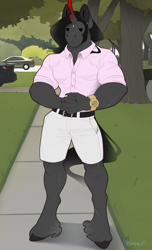 Size: 900x1484 | Tagged: safe, artist:evehly, imported from derpibooru, king sombra, anthro, unguligrade anthro, unicorn, car, clothes, digital art, lucky luciano, male, meme, ponified meme, shirt, shorts, solo, stallion, unshorn fetlocks, watch, you know i had to do it to em