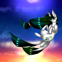 Size: 2449x2449 | Tagged: safe, artist:itzalayah, imported from derpibooru, oc, oc only, oc:rocket, pony, unicorn, big ears, horn, moon, solo, sun, sunset, tongue out, two tails, unicorn oc