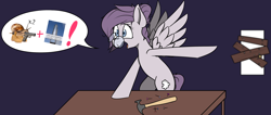 Size: 3940x1669 | Tagged: safe, artist:pinkberry, imported from derpibooru, oc, oc only, oc:vylet, pegasus, pony, boarded door, commission, dishevelled, female, glasses, hammer, mare, messy hair, nails, pictogram, solo, speech bubble, table