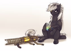 Size: 1800x1300 | Tagged: safe, artist:dementra369, imported from derpibooru, oc, oc only, oc:hara, monster pony, original species, pony, tatzlpony, fallout equestria, drink, drinking straw, fallout, fallout: new vegas, glass, simple background, sitting, solo, tesla beaton, weapon