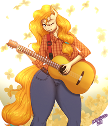 Size: 2000x2330 | Tagged: safe, artist:wolfmask, imported from derpibooru, pear butter, anthro, earth pony, beautiful, clothes, curvy, female, guitar, jeans, musical instrument, one eye closed, pants, plaid shirt, shirt, solo, thighs, thunder thighs, wide hips, wink, winking at you