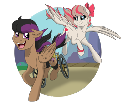 Size: 9501x8061 | Tagged: safe, artist:faitheverlasting, imported from derpibooru, angel wings, stellar eclipse, pegasus, pony, top bolt, trade ya, absurd resolution, duo, female, flying, grin, make a wish, make a wish foundation, male, mare, open mouth, redraw, running, simple background, smiling, spread wings, stallion, transparent background, unshorn fetlocks, wheelchair, wings