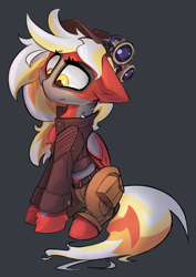 Size: 2673x3777 | Tagged: safe, artist:ignis, imported from derpibooru, oc, oc only, oc:ember (ignis), pegasus, pony, clothes, cloths, coat, goggles, hat, pants, scowl, simple background, two toned coat, two-tone coat