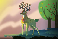 Size: 15000x10000 | Tagged: safe, artist:faitheverlasting, imported from derpibooru, the great seedling, deer, dryad, elk, going to seed, absurd file size, absurd resolution, antlers, apple, apple tree, bambi, branches for antlers, cloven hooves, colored hooves, dangerously high res, disney, disney style, female, male, mare, solo, style emulation, tree