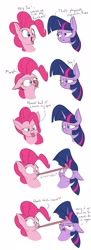 Size: 1280x3520 | Tagged: safe, artist:rocket-lawnchair, imported from derpibooru, pinkie pie, twilight sparkle, earth pony, pony, unicorn, caption, comic, horn, horn licking, hornjob, licking, long tongue, tongue out