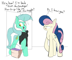 Size: 2400x2000 | Tagged: safe, artist:rocket-lawnchair, imported from derpibooru, bon bon, lyra heartstrings, sweetie drops, earth pony, pony, unicorn, fanfic:background pony, bon bon is not amused, caption, clothes, dig the swell hoodie, female, hoodie, unamused