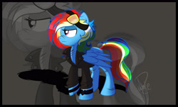 Size: 3154x1901 | Tagged: safe, artist:xwhitedreamsx, imported from derpibooru, rainbow dash, pegasus, pony, alternate hairstyle, bracelet, clothes, female, goggles, jacket, jewelry, leather jacket, lidded eyes, loner dash, nose wrinkle, solo, zoom layer