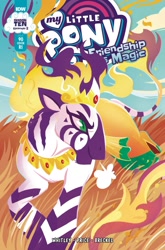 Size: 1349x2047 | Tagged: safe, artist:justasuta, idw, imported from derpibooru, pony, zebra, spoiler:comic, spoiler:comic90, comic, comic cover, cover, crown, fire, jewelry, jewels, kanga (clothing), male, my little pony logo, prince abraxas, regalia, retailer incentive, season 10, solo, variant